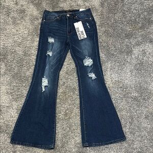High-Rise Flare Distressed Blue Jeans